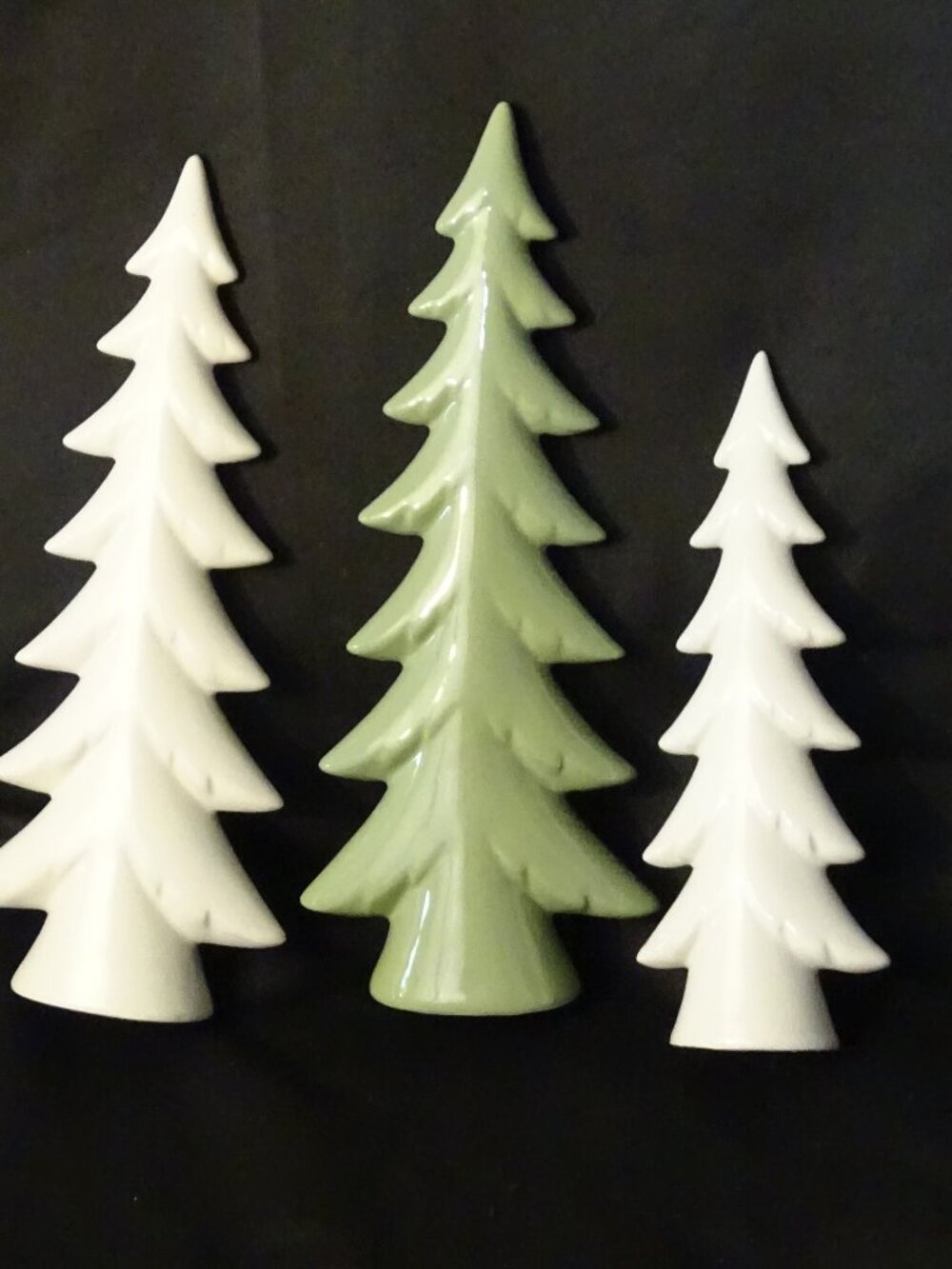 Three Ceramic Tree Figurines -2 White/ 1 Green